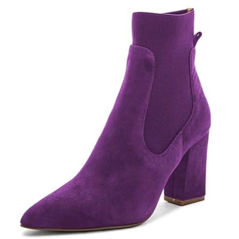 FSJ Purple Pointed Toe Chunky High Heel Stretch Pull On Ankle Boot Comfy Bootie